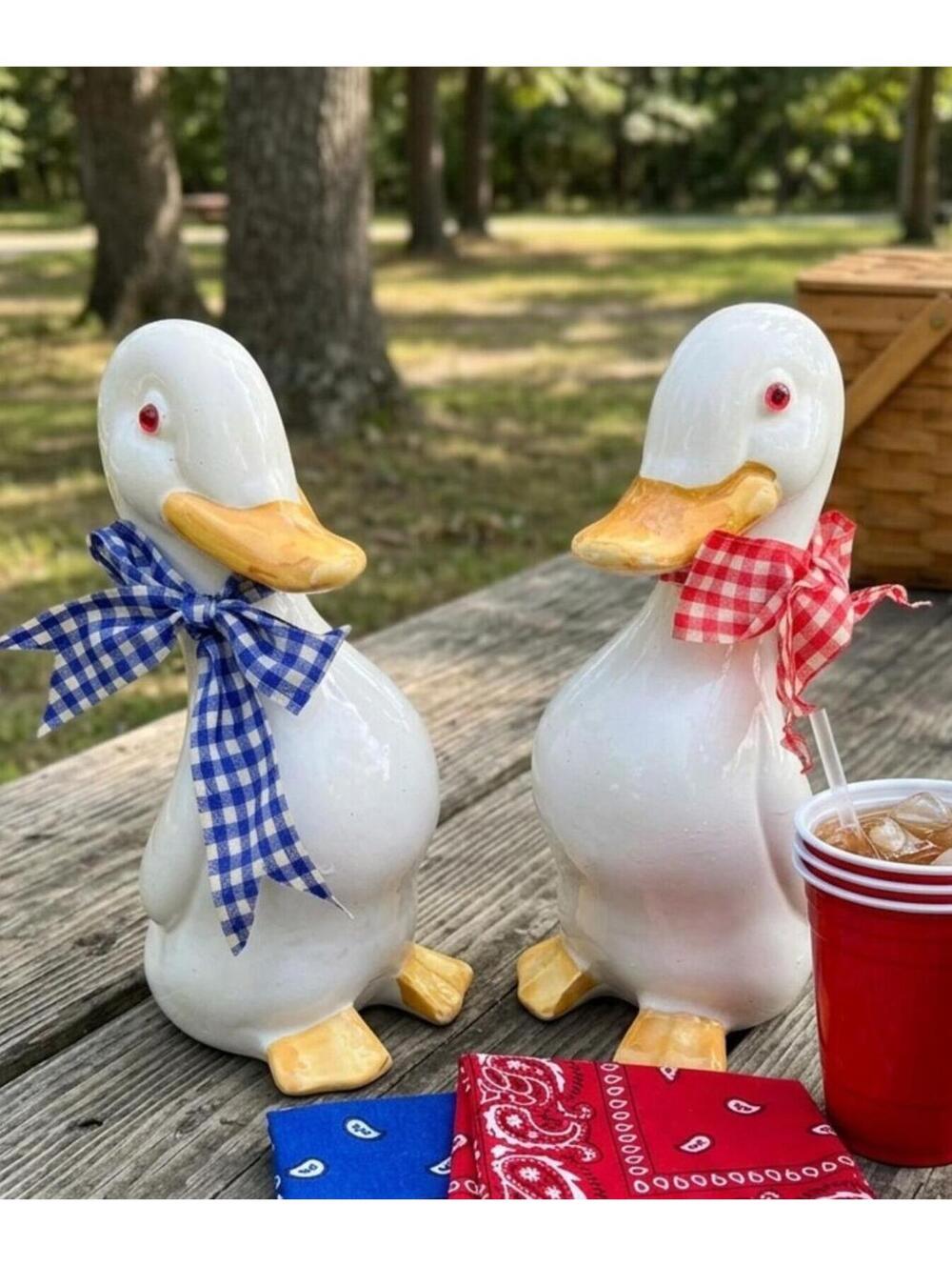 Vintage 1980s Country Goose Figurines Set 2 Gingham Ribbon Bows Ceramic Kitsch